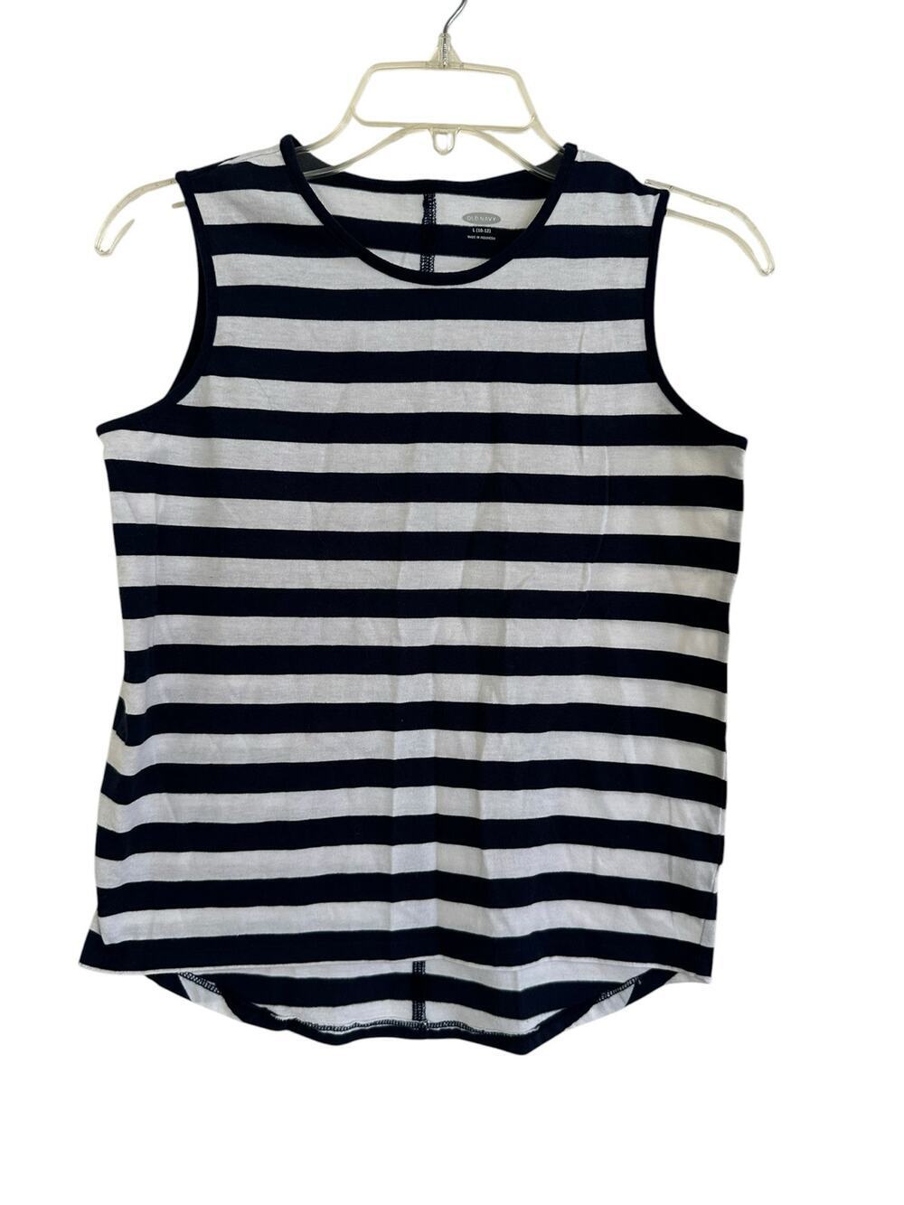 Old Navy Tank Top Large Navy Blue White Horizontal Stripes High Low Hem